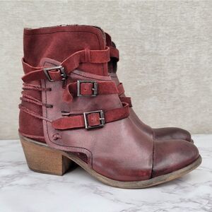 Roan Jag Bordo Leather Heeled Booties Size 6 Burgundy Staps Buckles Block Heel
